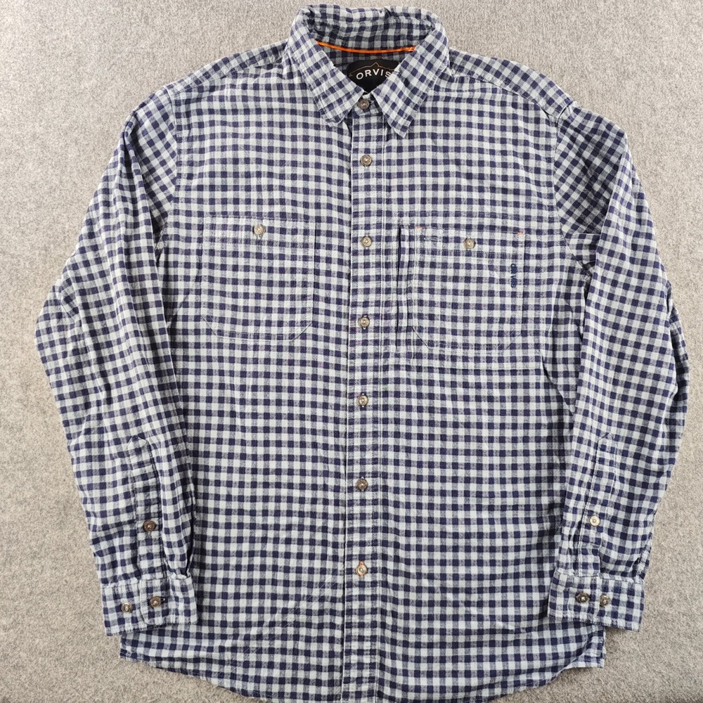Orvis Gingham Check Long Sleeve Button Down Shirt Mens Medium Blue White Stretch